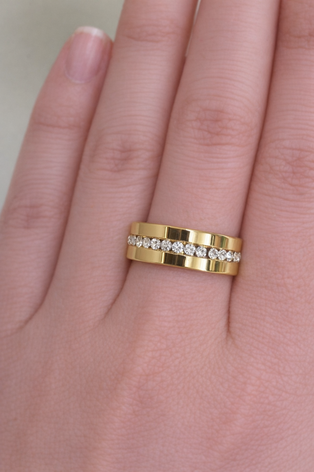 Single Rhinestone Band Ring - Stainless Steel