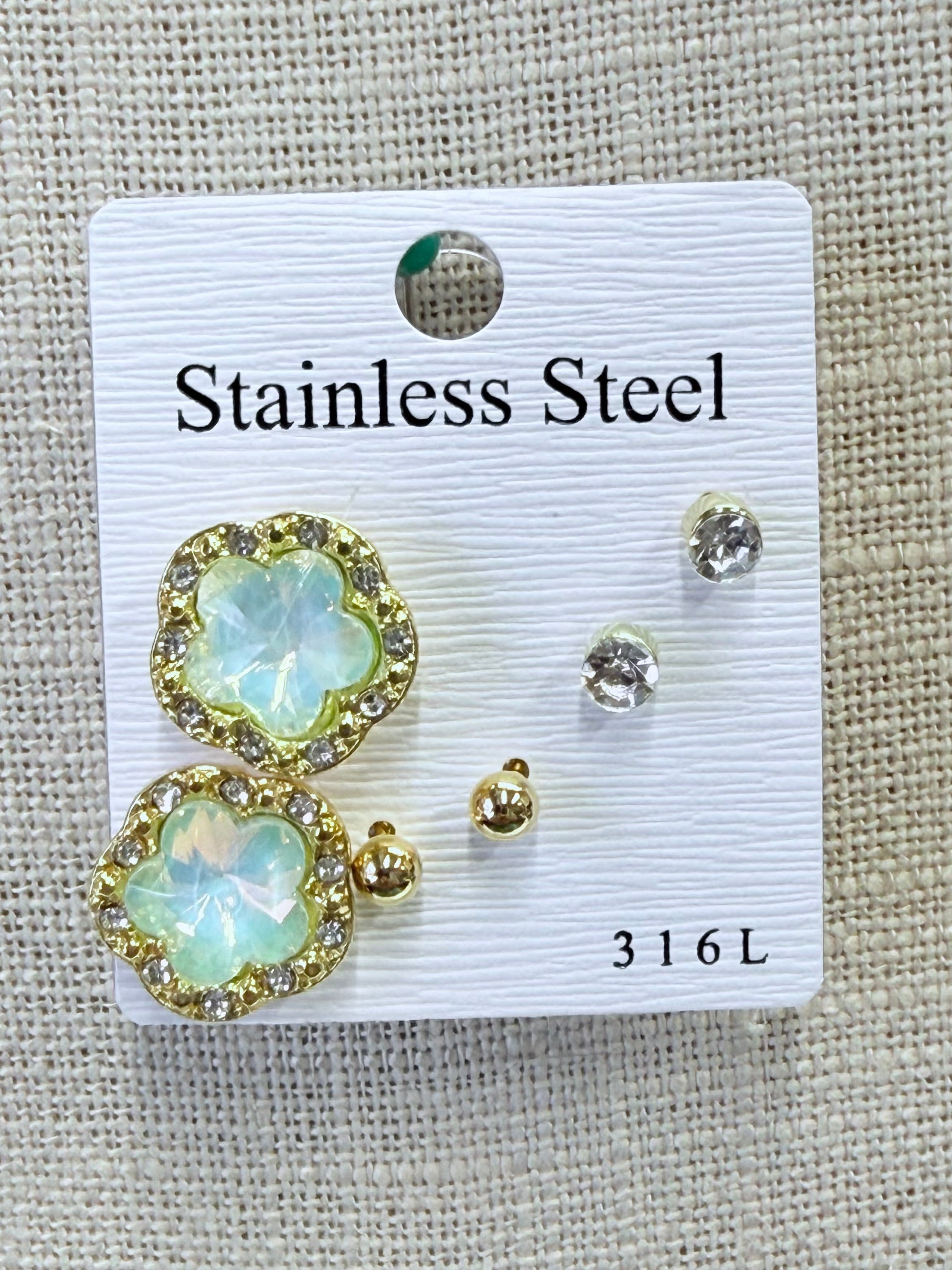 Crystal Earring Set - Stainless Steel - Various Colors