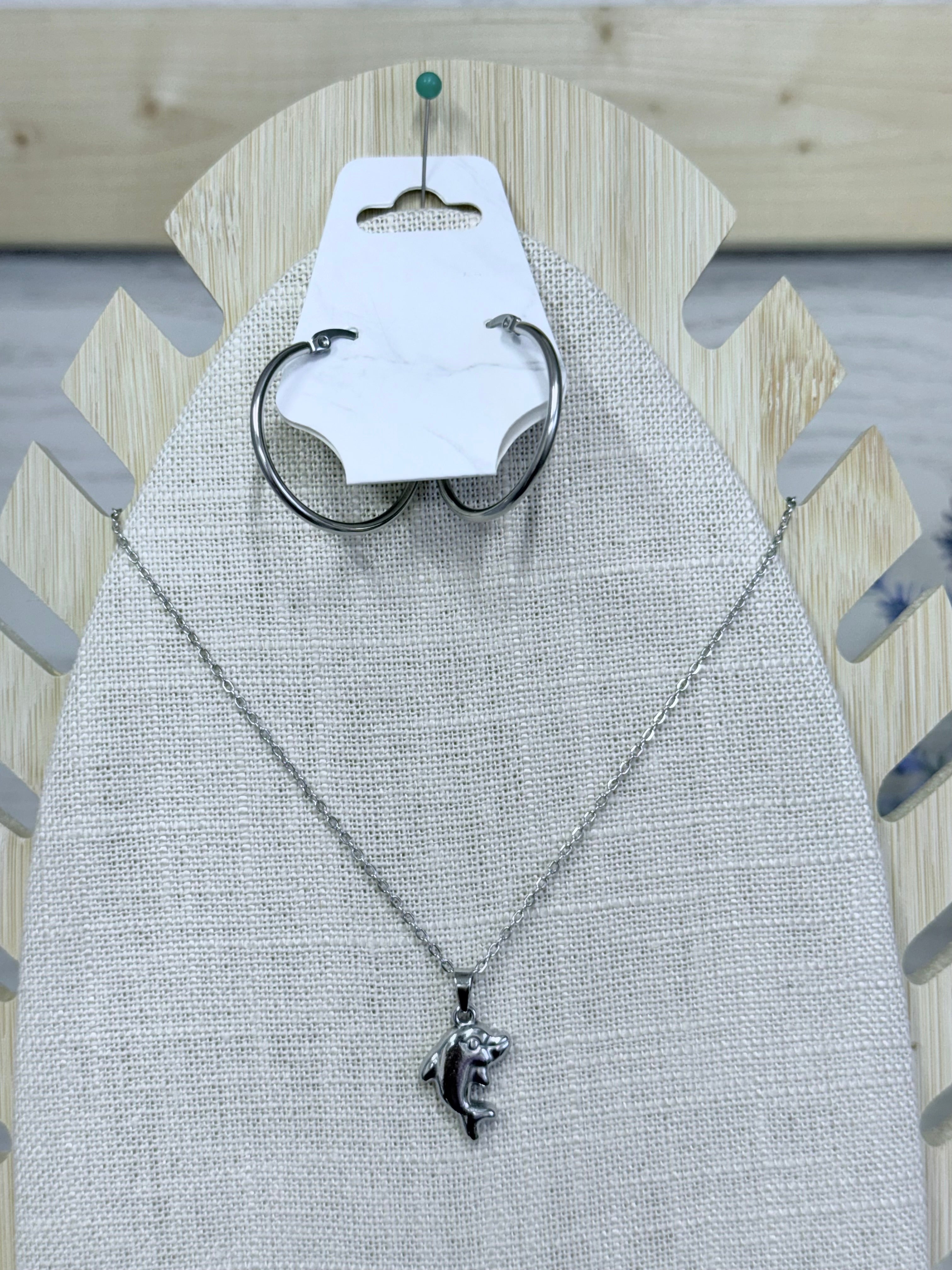 Dolphin Necklace and Earring Set - Stainless Steel