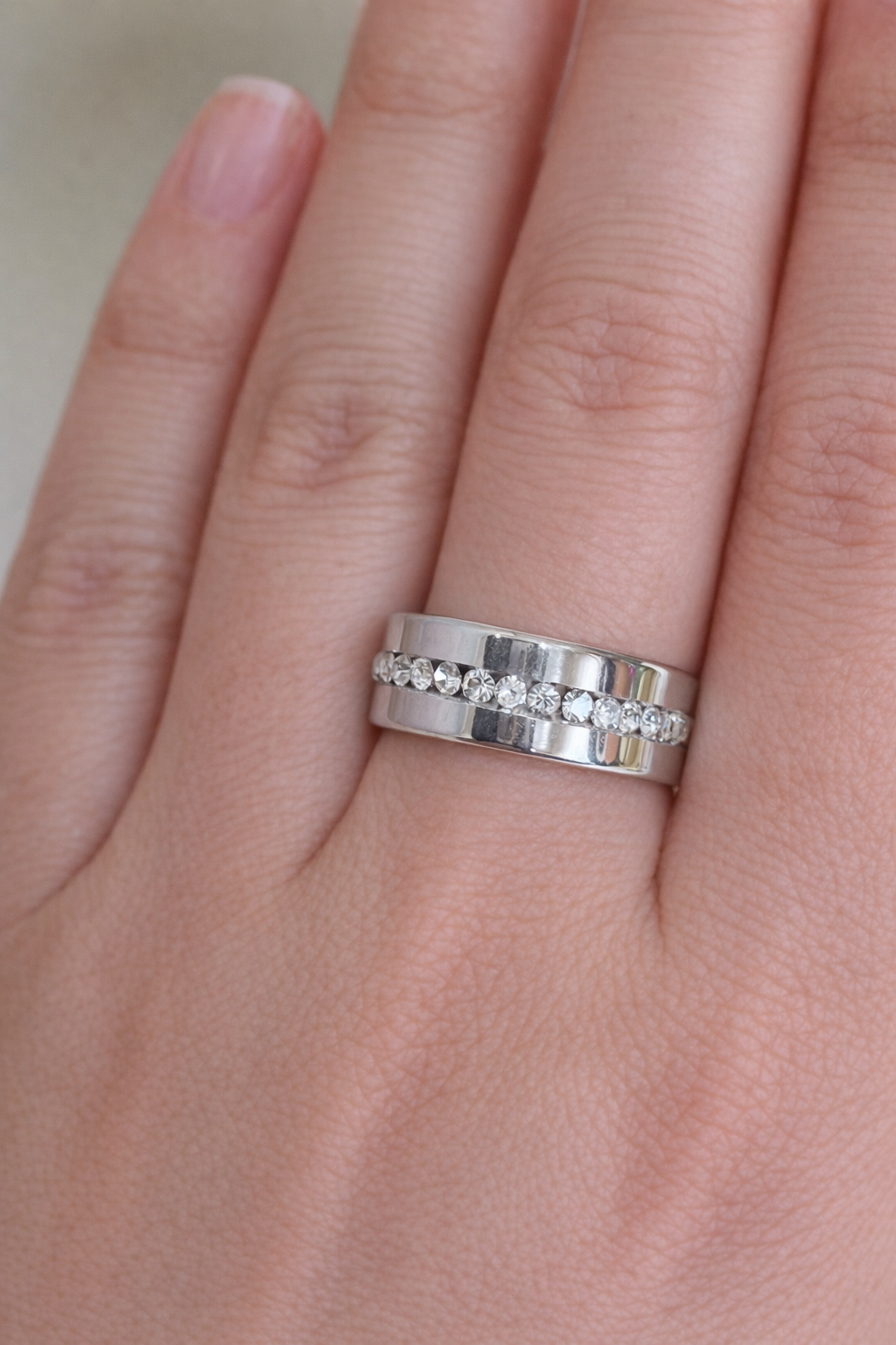 Single Rhinestone Band Ring - Stainless Steel