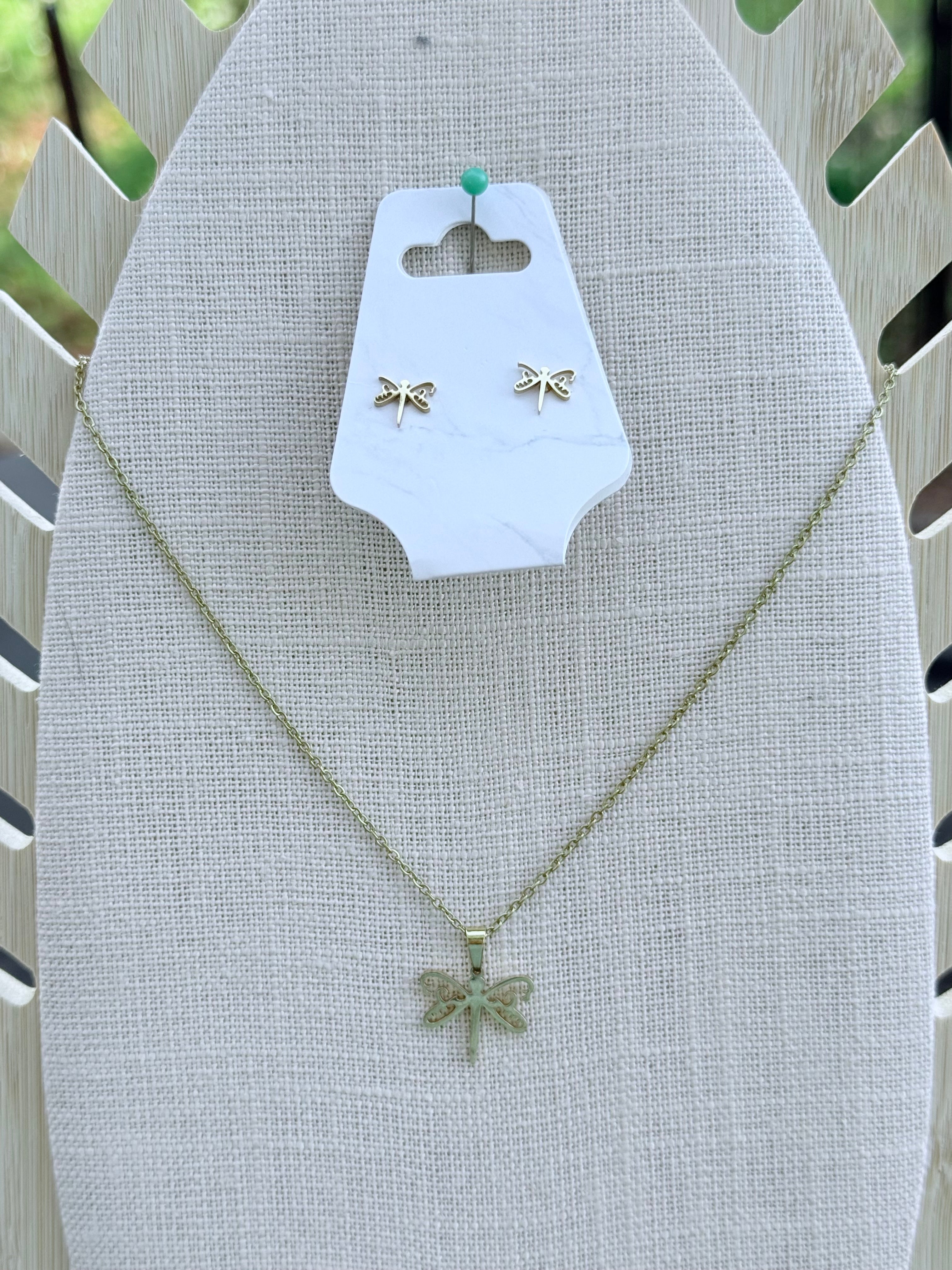 Stainless Steel Dragonfly Necklace and Earring Set