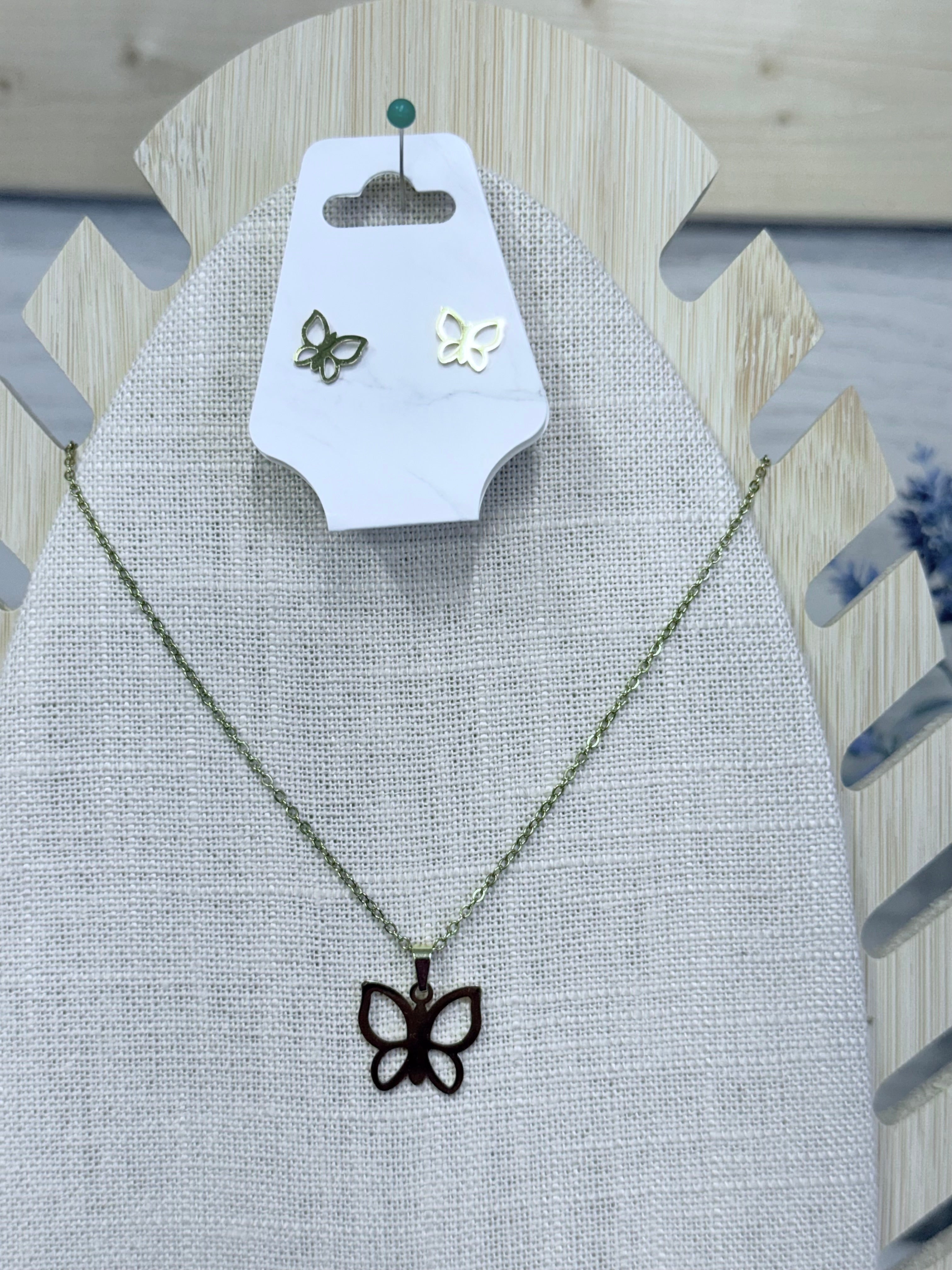 Butterfly Necklace and Earrings Set - Stainless Steel