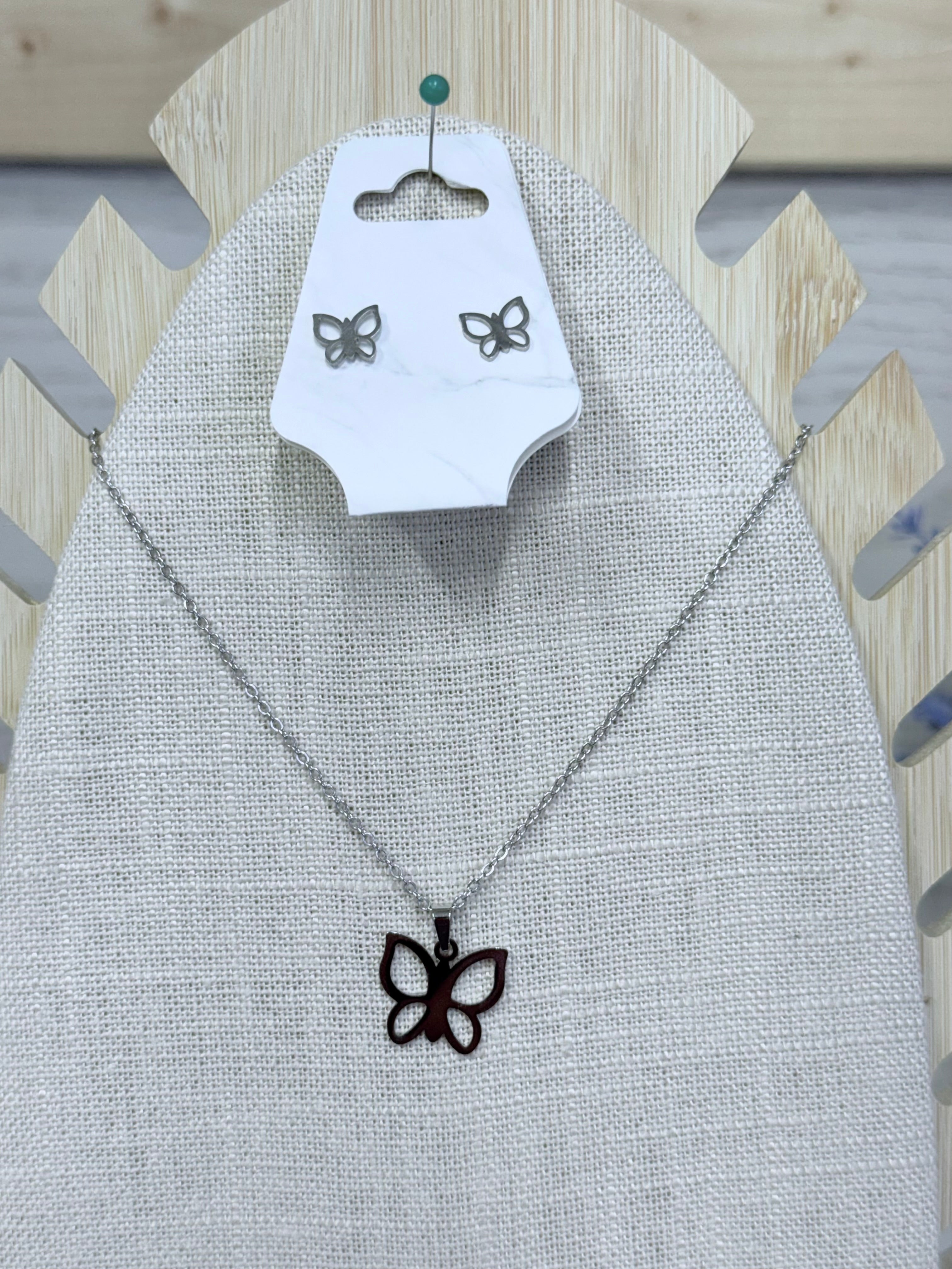 Butterfly Necklace and Earrings Set - Stainless Steel