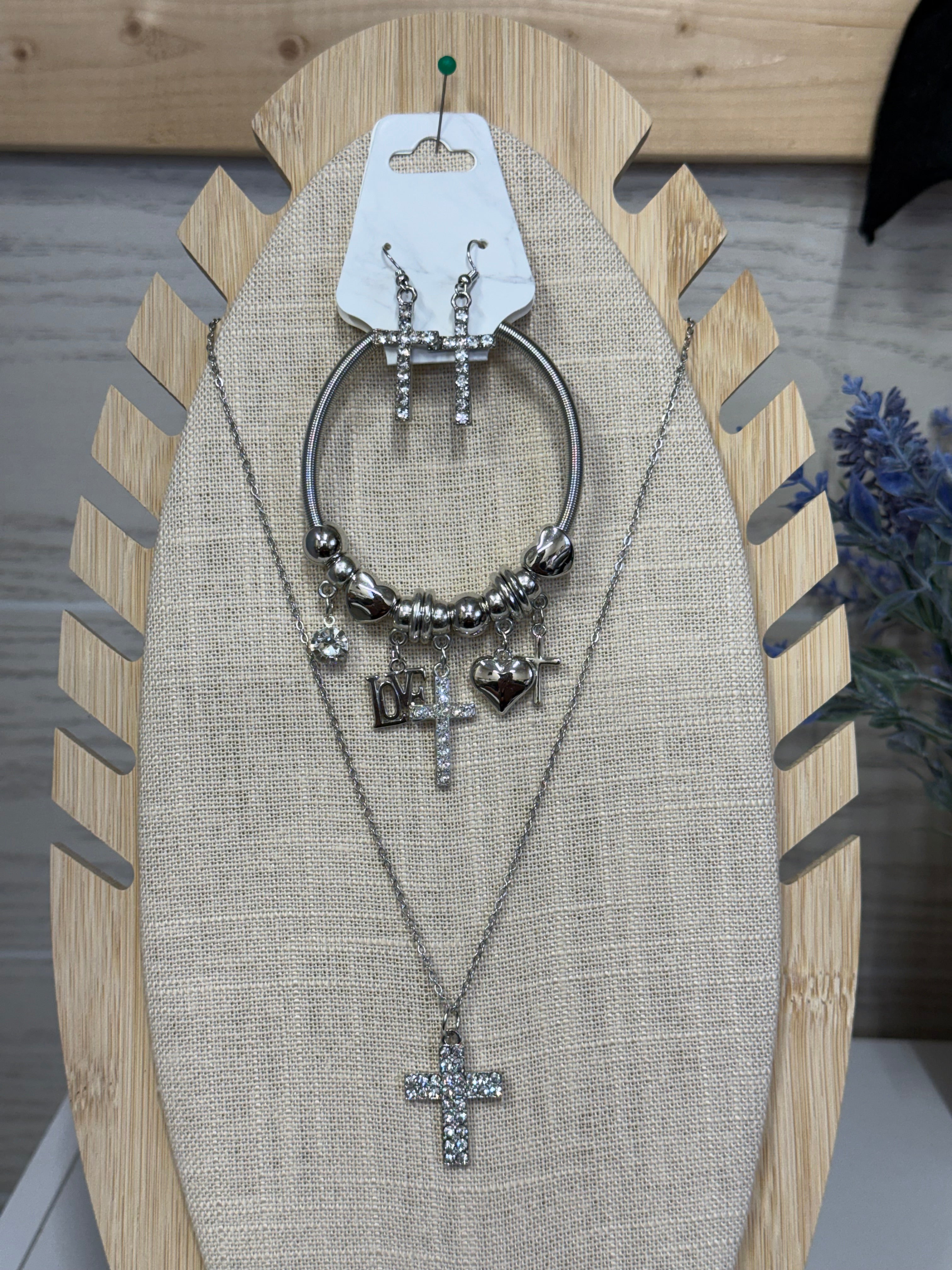 Bling Cross Necklace, Bracelet and Earring Set - 2 Colors