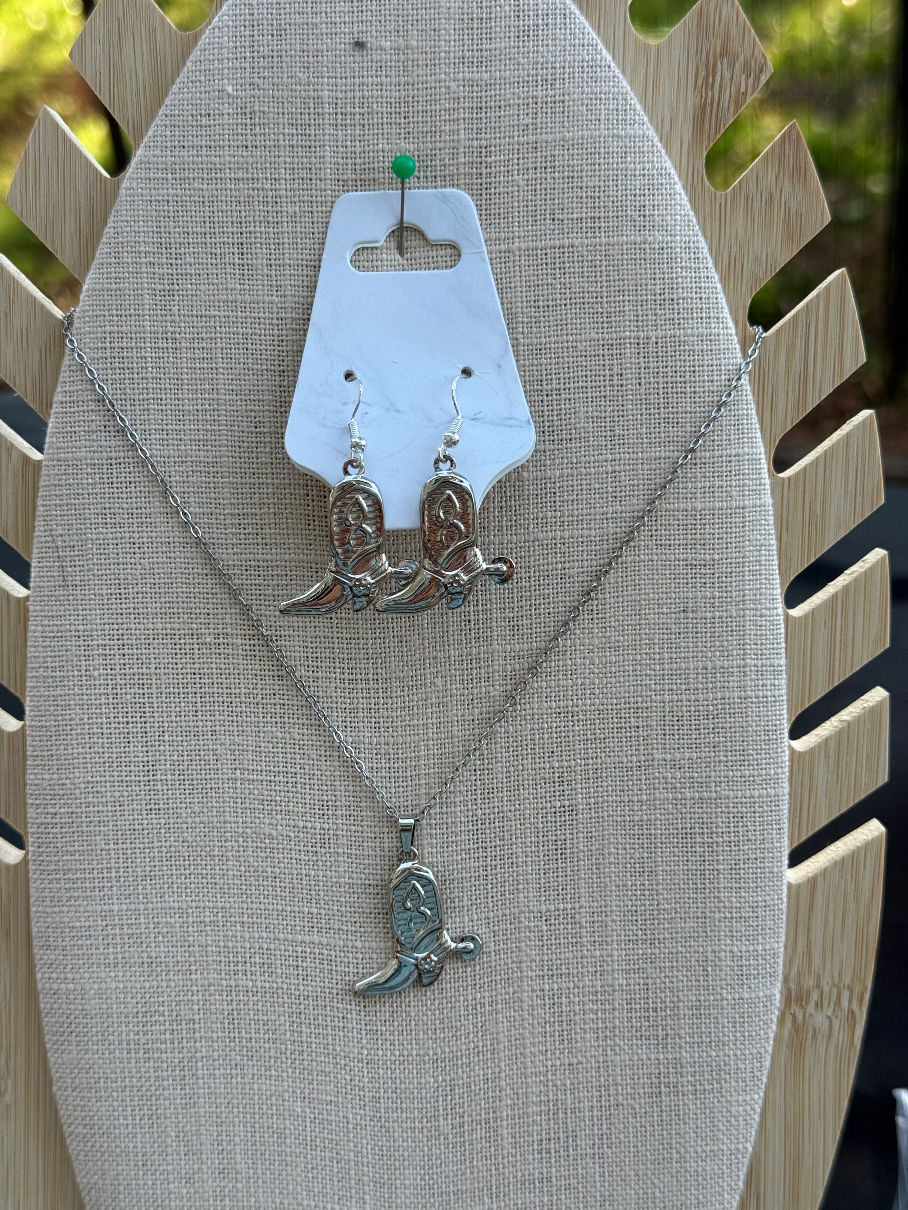 Stainless Steel Cowboy Boot Necklace and Earring Set