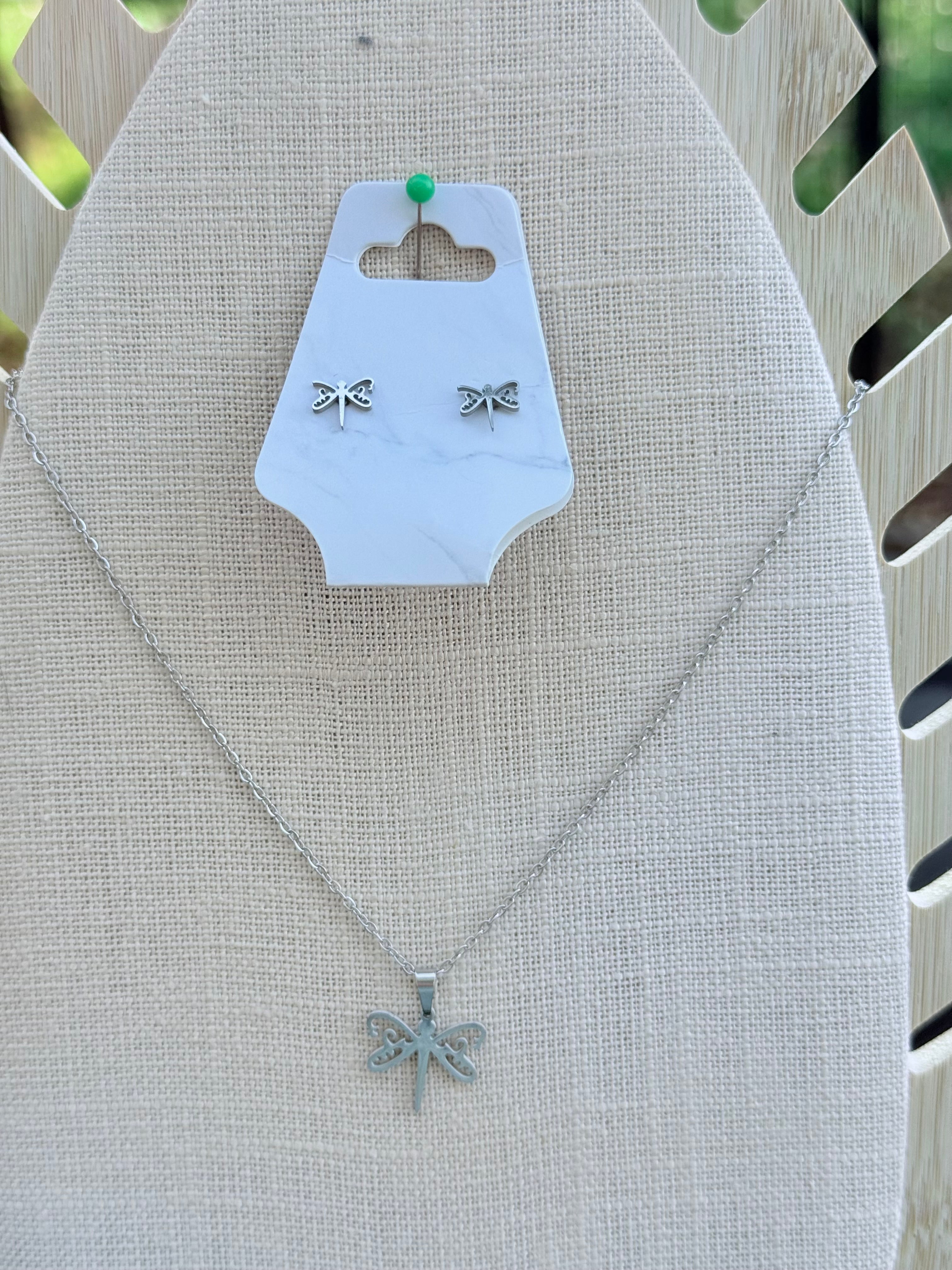 Stainless Steel Dragonfly Necklace and Earring Set