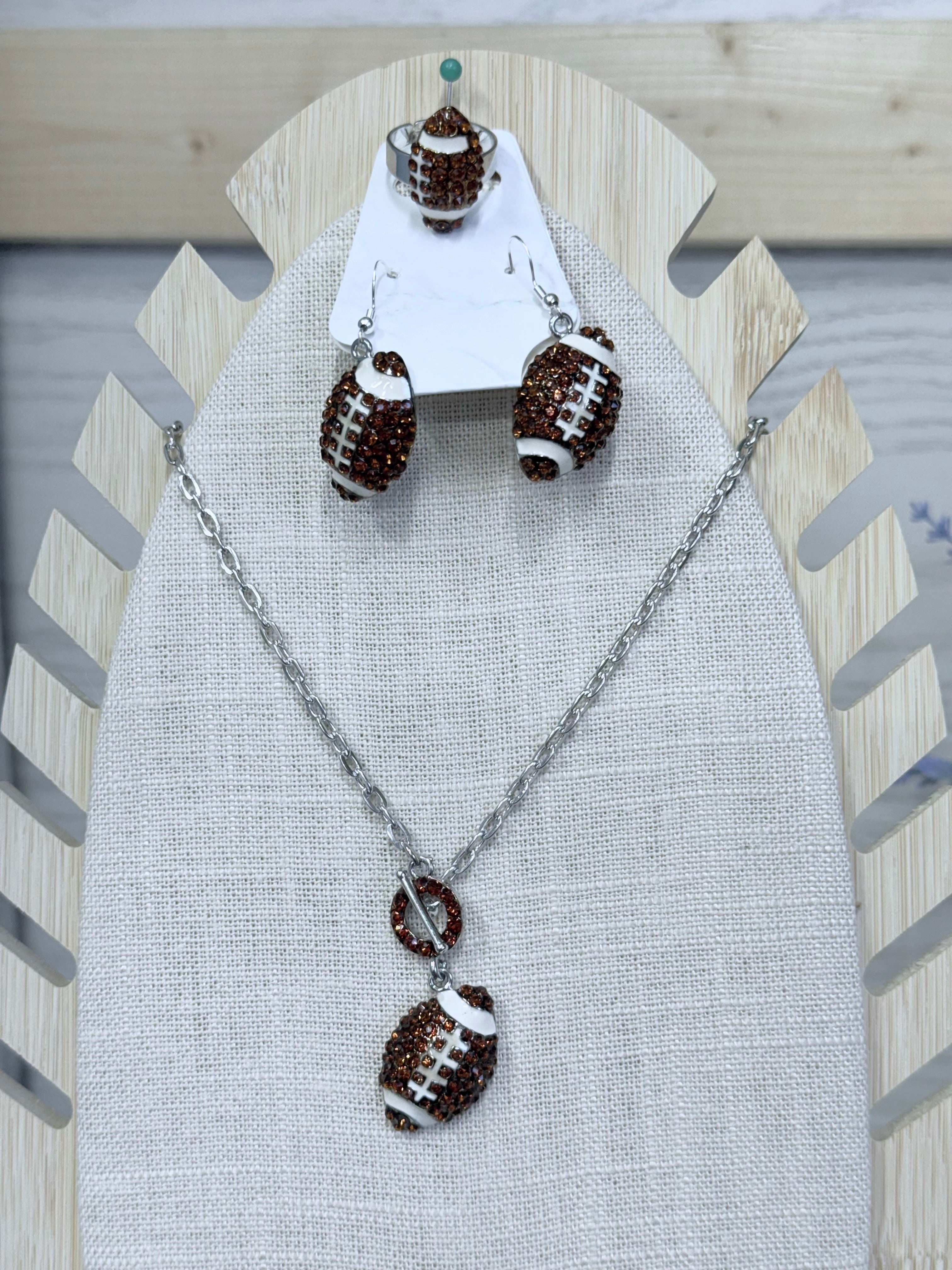 Bling Football Necklace, Earring and Ring Set