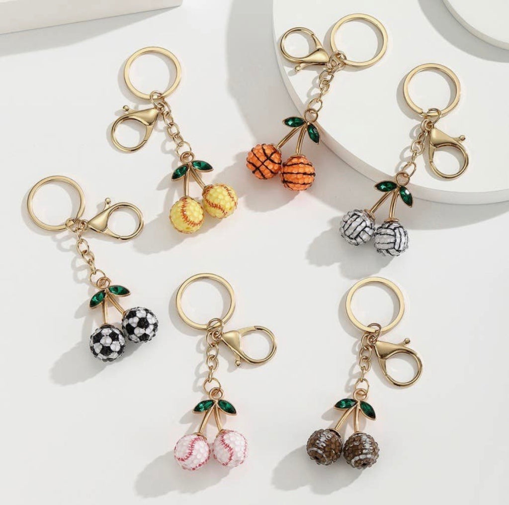 Diamond-Encrusted Cherry Style Ball Sports Keychain