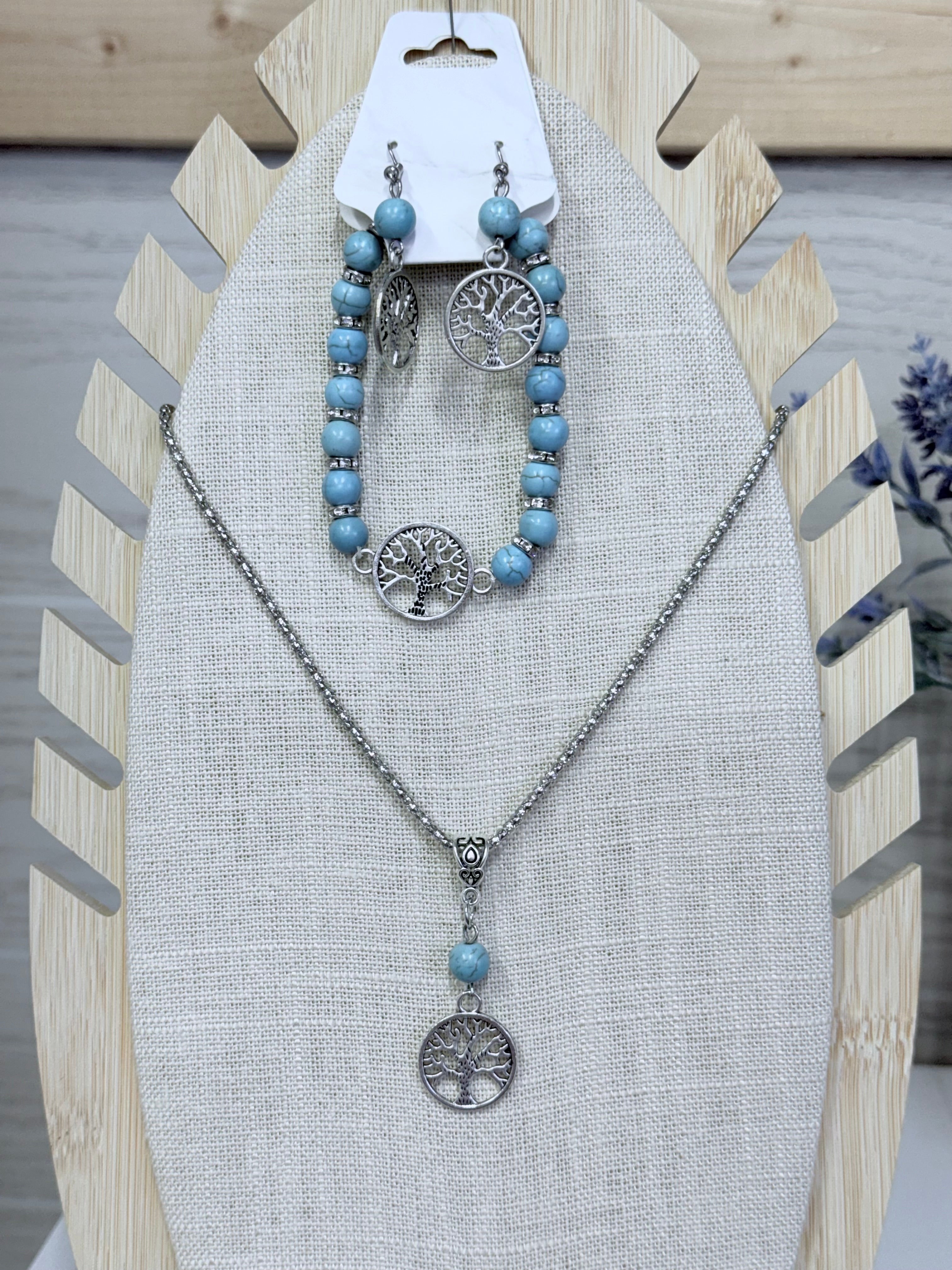 Tree of Life Crackle Stone Necklace, Bracelet and Earring Set