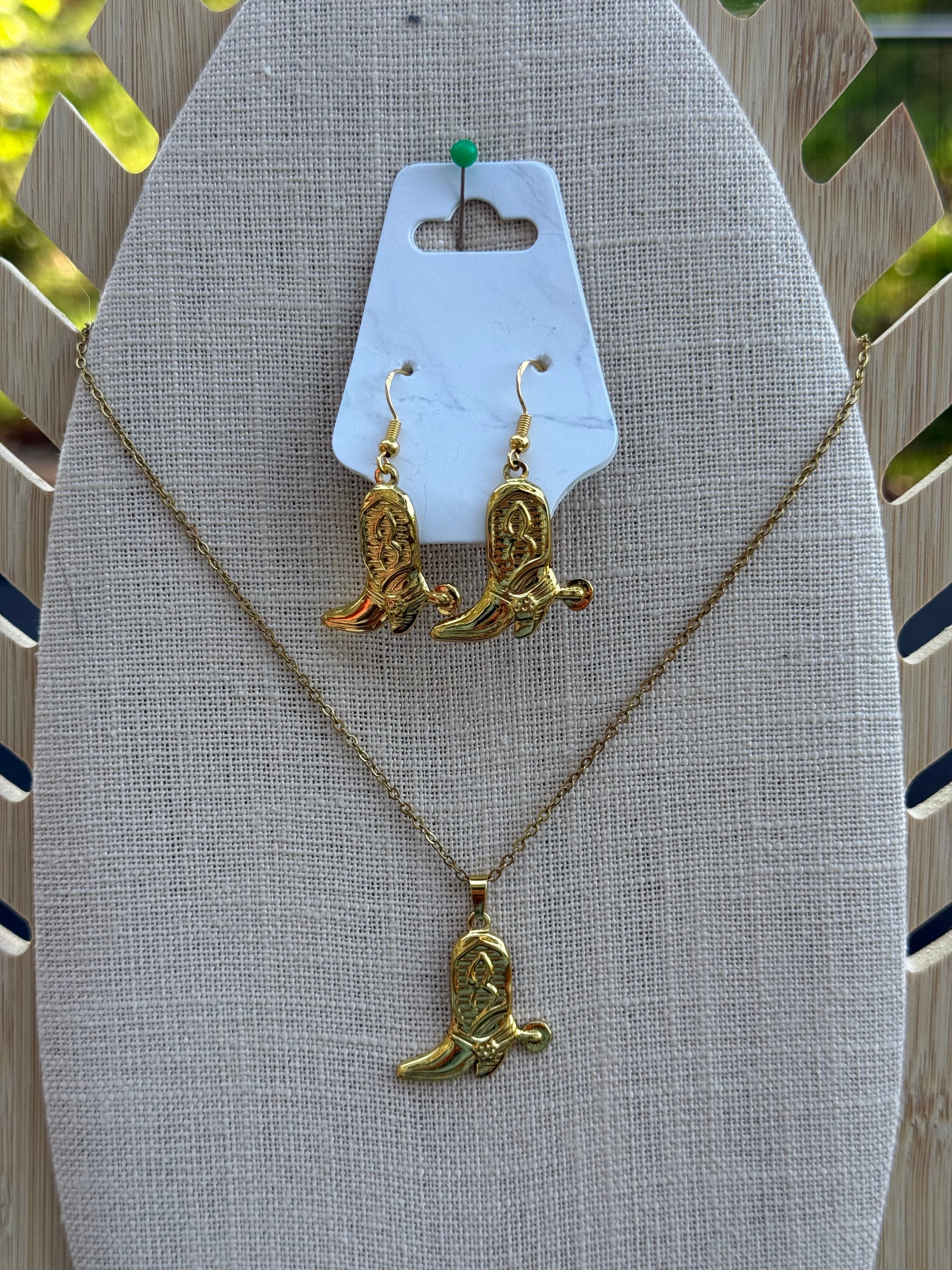 Stainless Steel Cowboy Boot Necklace and Earring Set