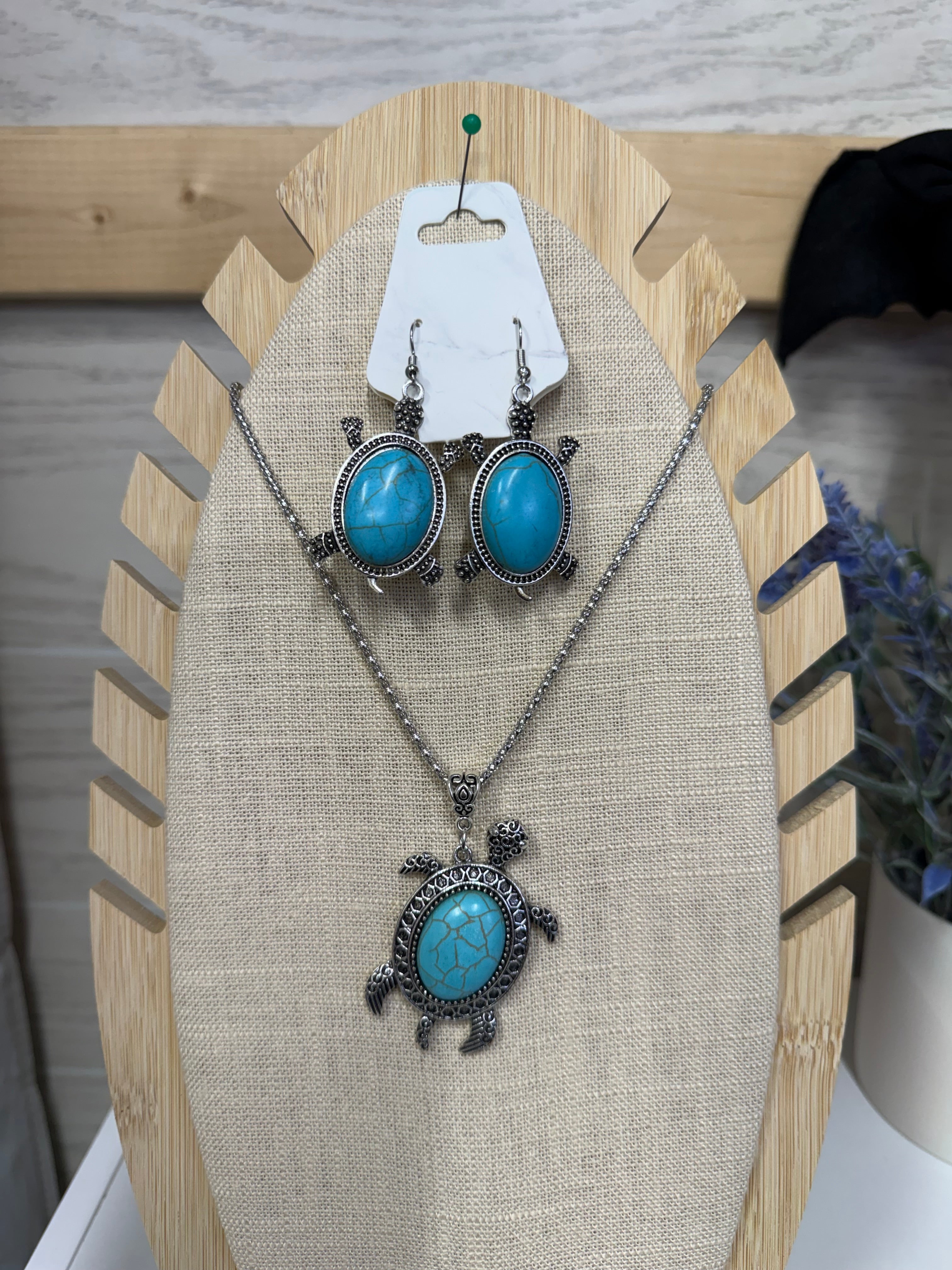 Coastal Turtle Crackle Stone Necklace & Earring Set - 3 Colors