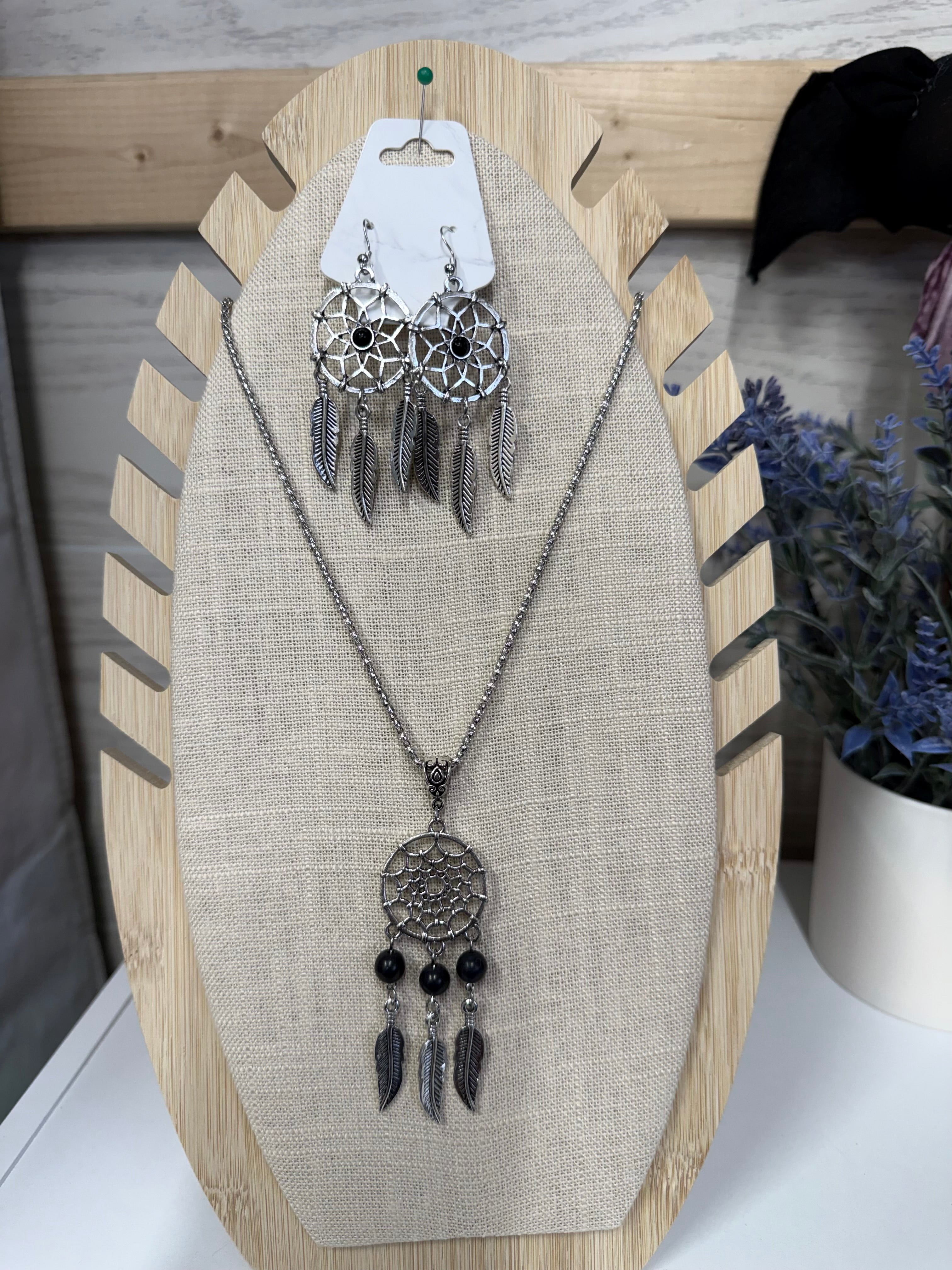 Dreamcatcher Crackle Stone Necklace & Earring Set - 3 Colors