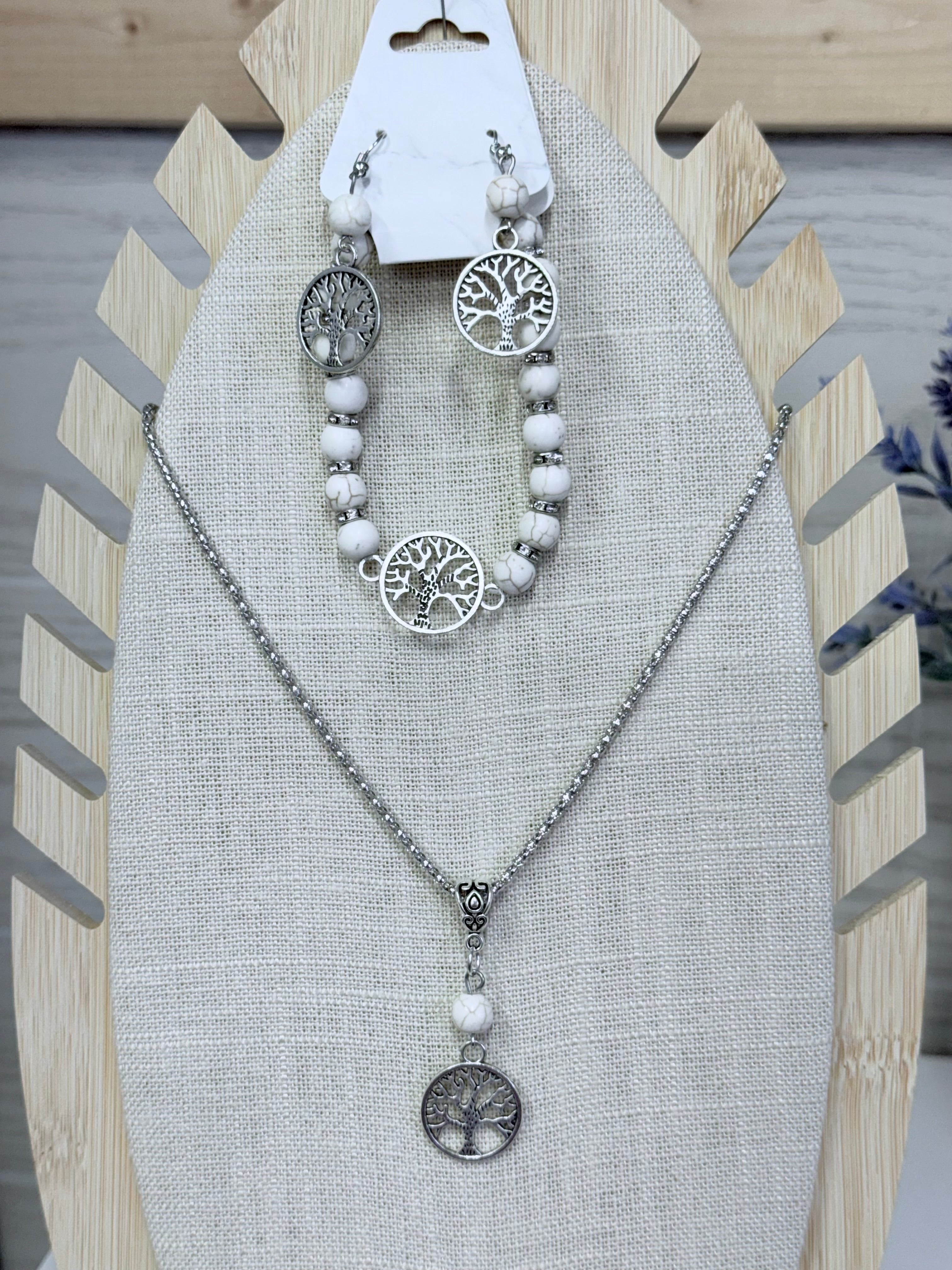 Tree of Life Crackle Stone Necklace, Bracelet and Earring Set
