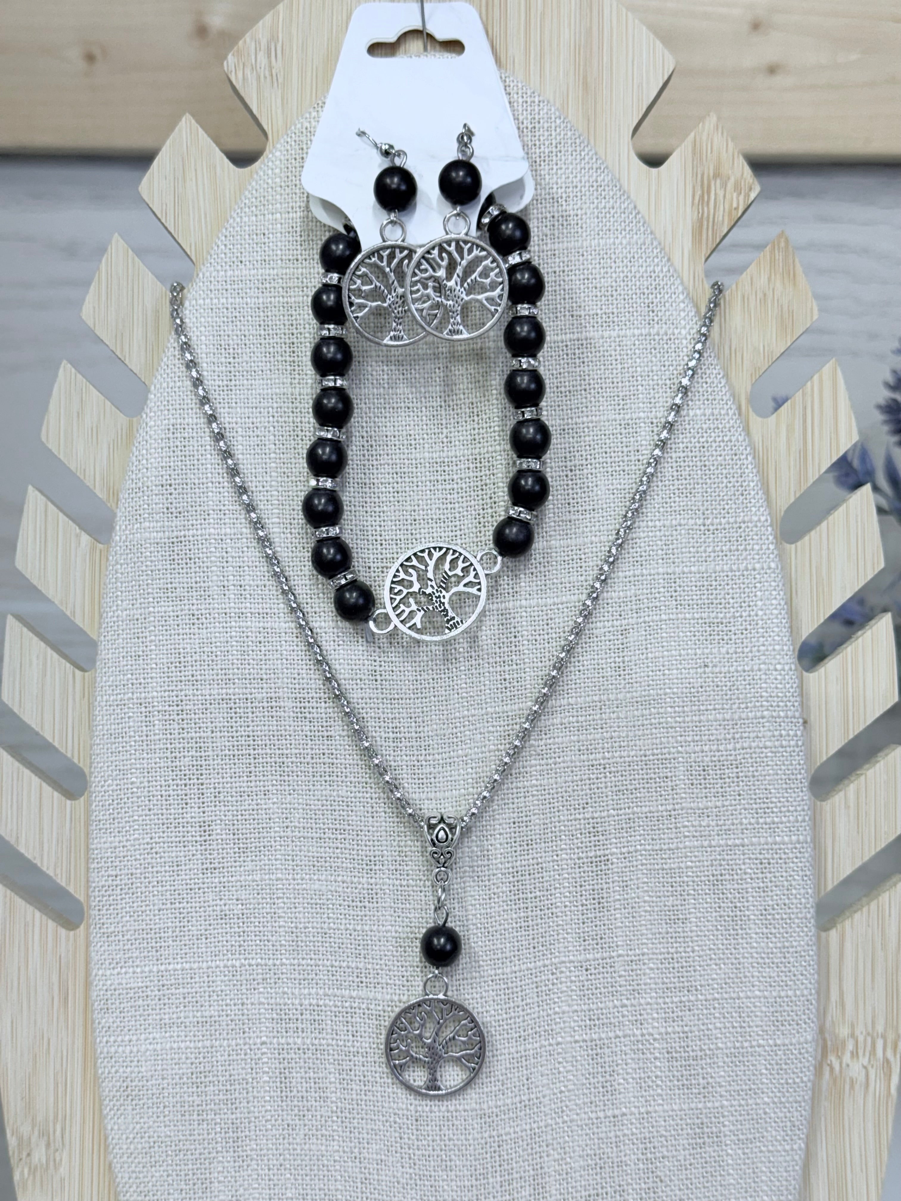 Tree of Life Crackle Stone Necklace, Bracelet and Earring Set