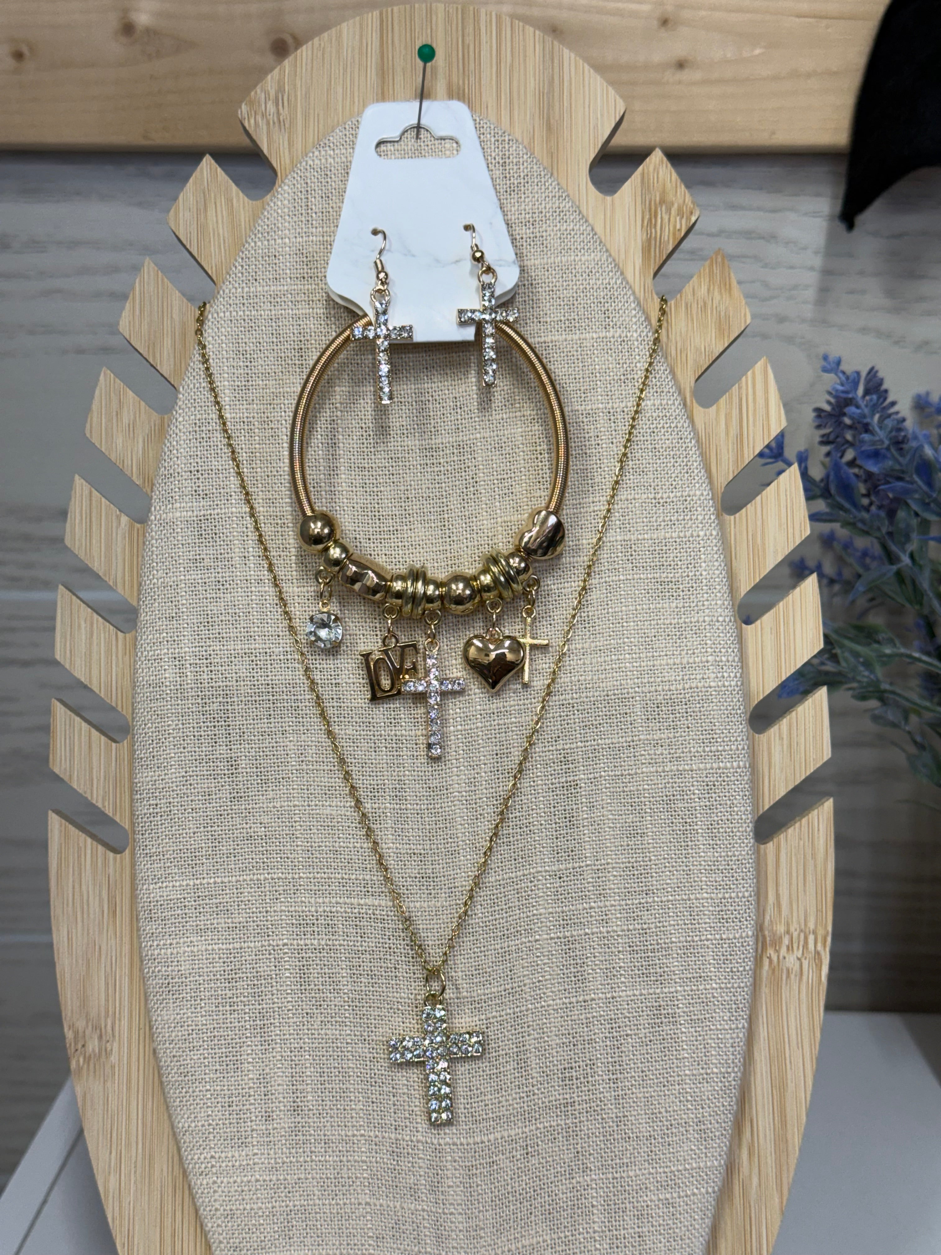 Bling Cross Necklace, Bracelet and Earring Set - 2 Colors