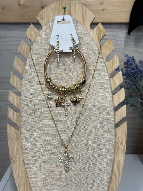Bling Cross Necklace, Bracelet and Earring Set - 2 Colors