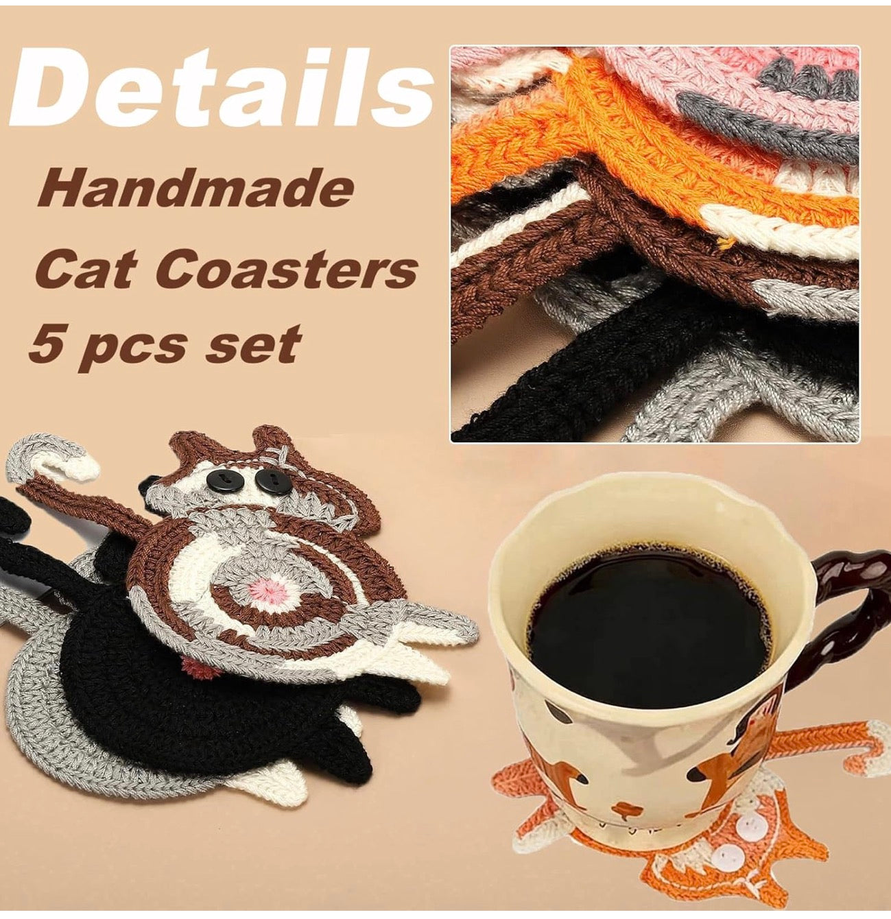 Funny Cat Coasters - Set of 5