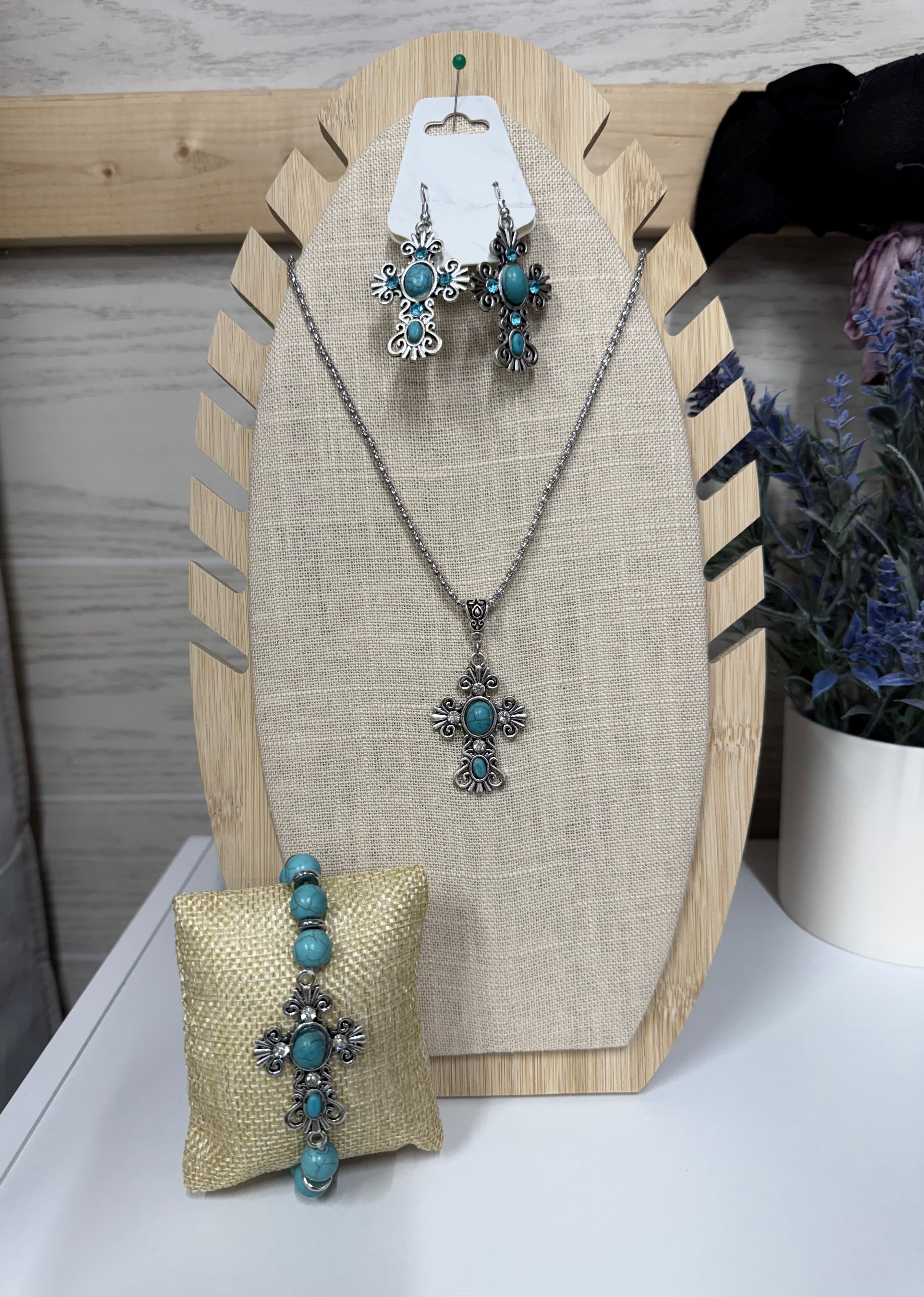 Crackle Stone Cross Jewelry Set – Multiple Colors