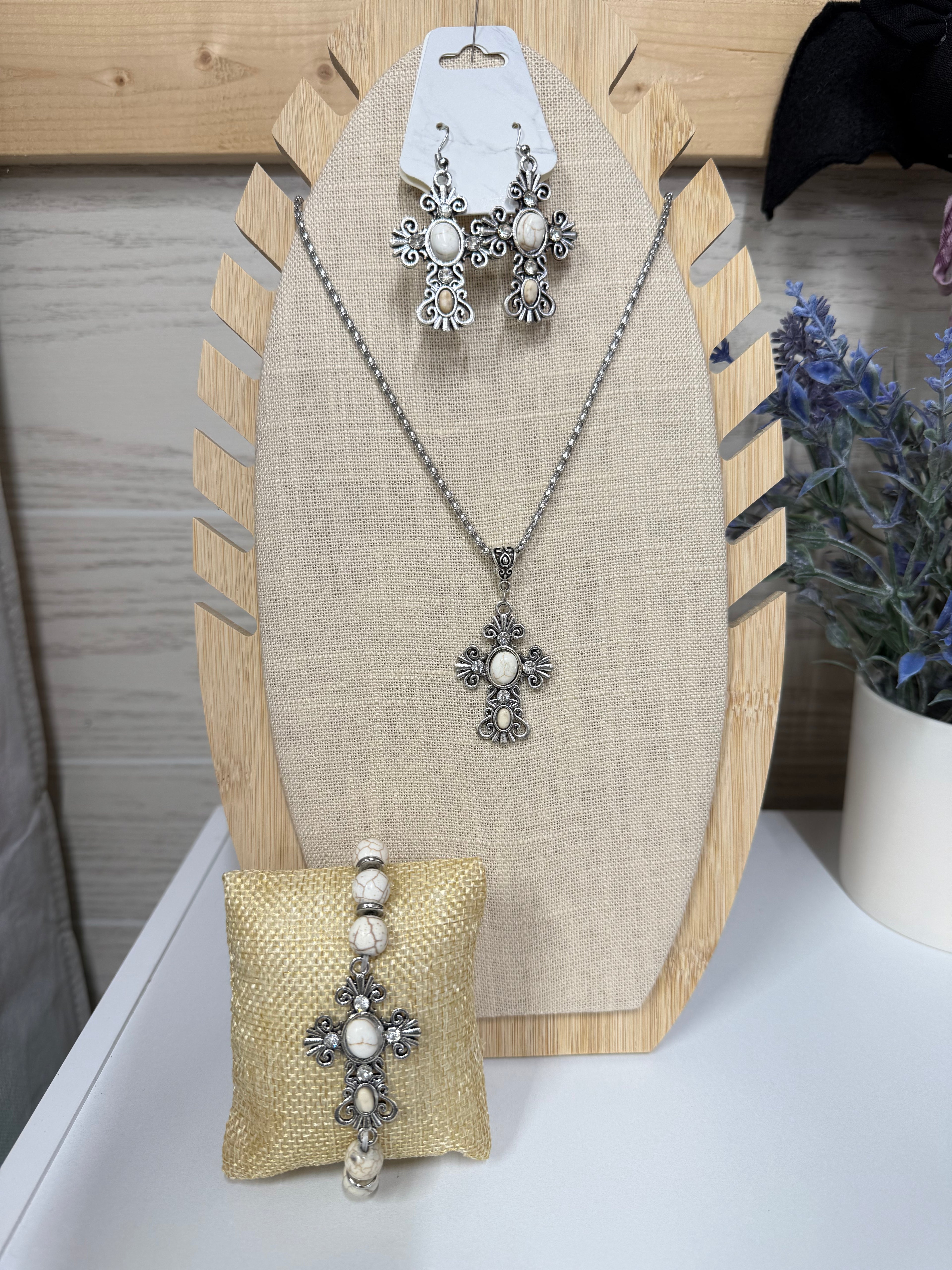 Crackle Stone Cross Jewelry Set – Multiple Colors