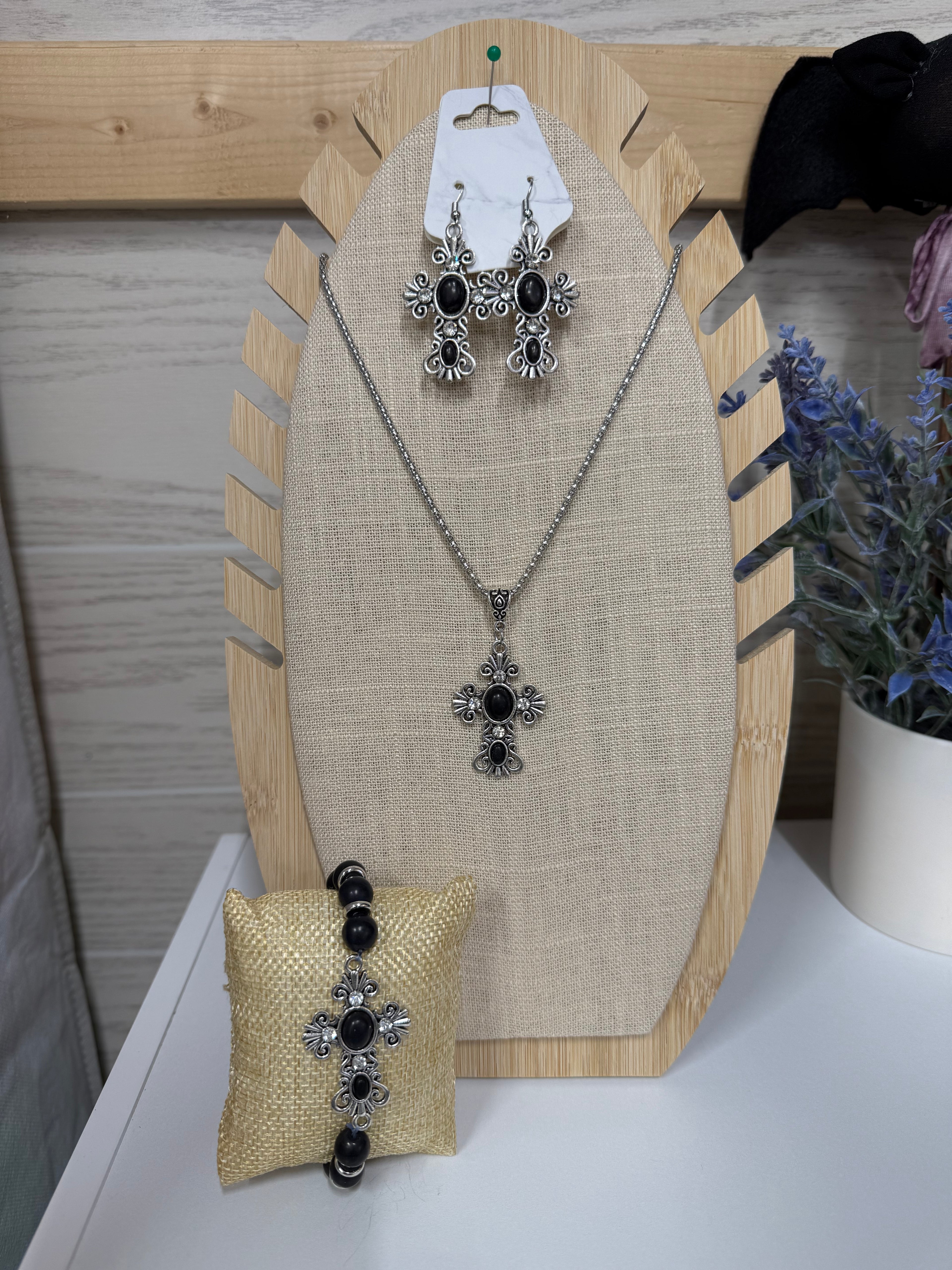 Crackle Stone Cross Jewelry Set – Multiple Colors